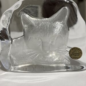 Vintage Cristal d'Arques Lead Crystal Etched Glass Cat Paperweight